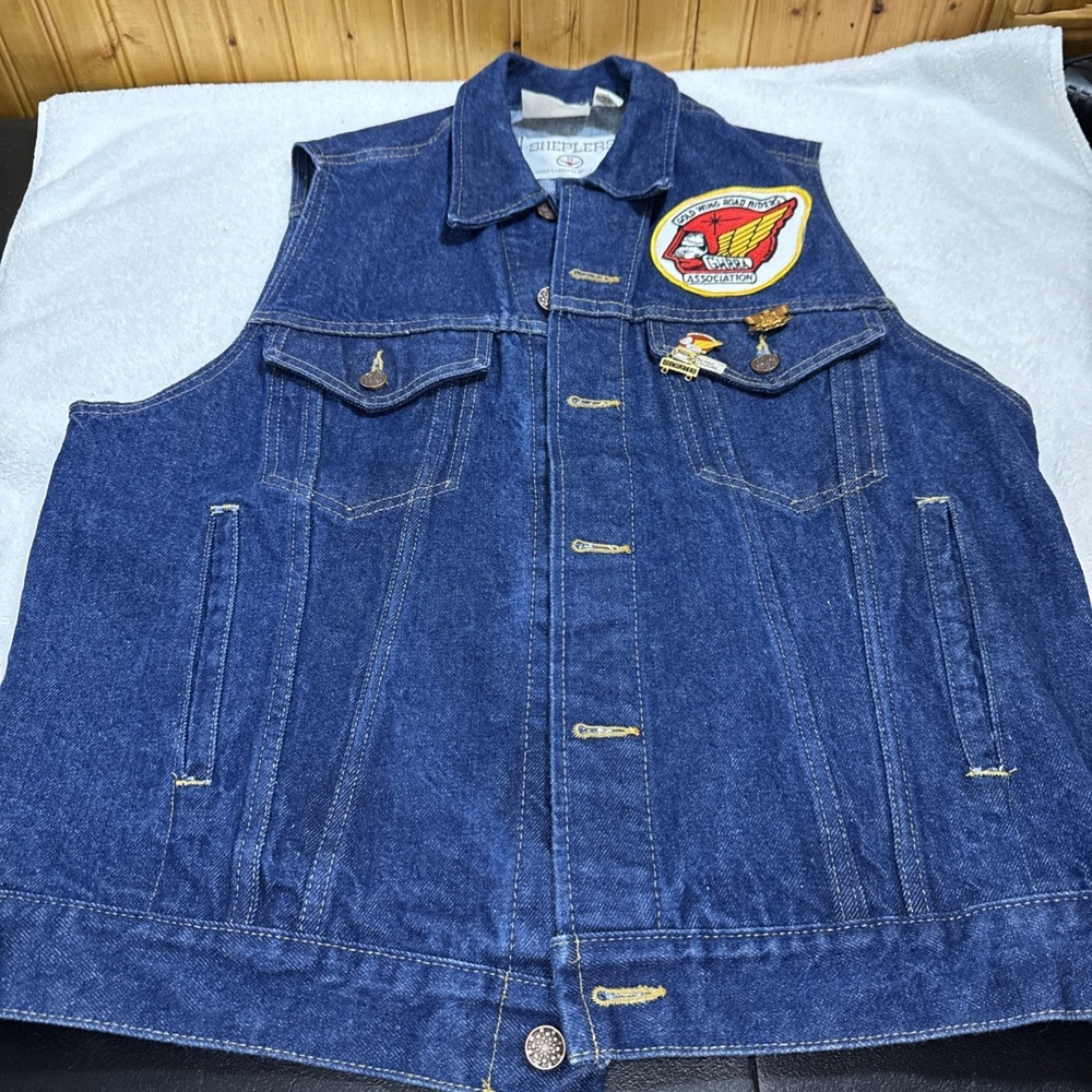 Sheplers Jean Vest GWRRA Gold Wing Patch W/ Gold Wing Road Riders & GL I1500 Pin